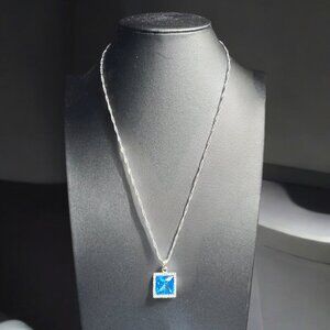 Silver Tone Delicate Spiral Chain & Square Pendant Blue Glass & Clear Stones 20"